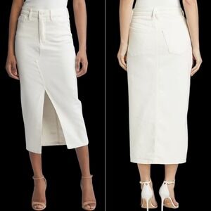 Good‎ American Slit-Front Denim Midi-Skirt Size 28 Waist in Cloud White